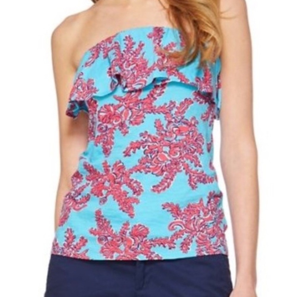 Lilly Pulitzer Cotton Rhode Island Reef Wiley Ruffle Top Coral Print WMs‎ XL GUC